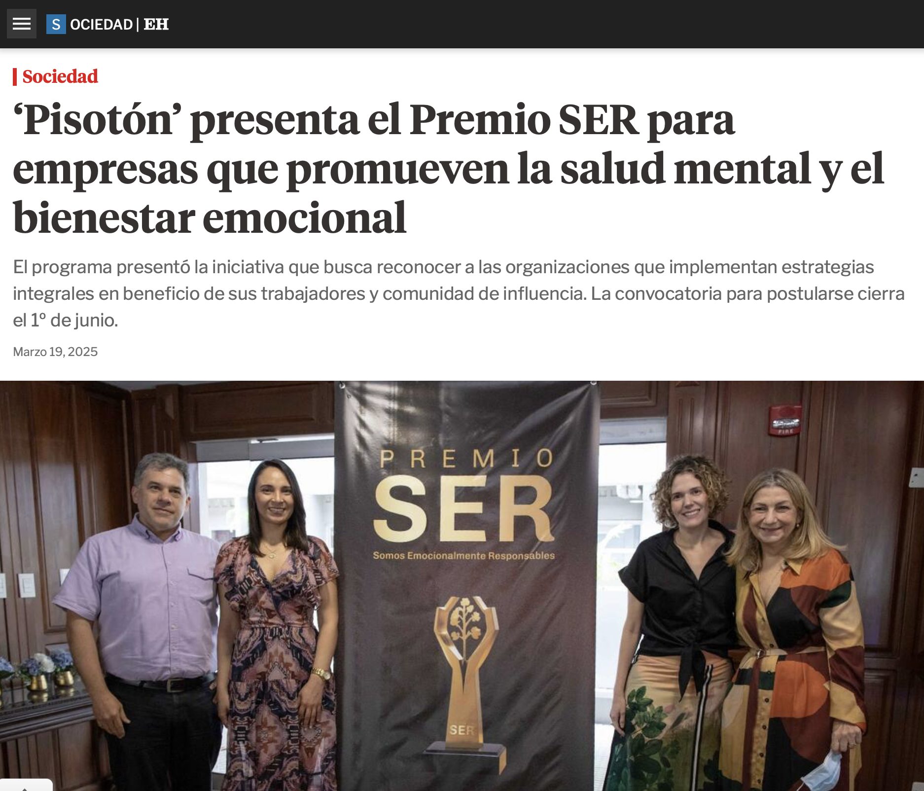 ``Pisoton`` presenta el premio ser para empresas que promueven la salud mental y el bienestar emocional